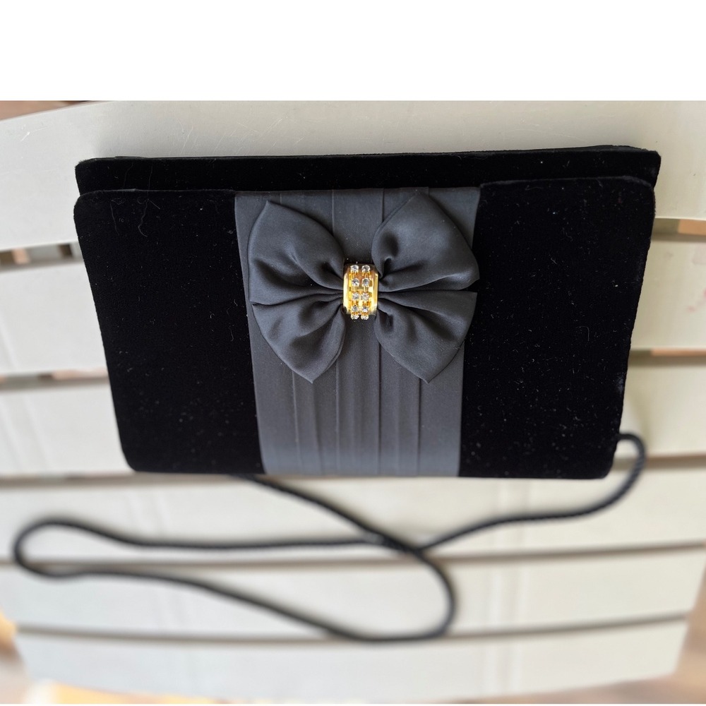Black Velvet Evening Clutch Bag Satin Bow Gold Rhinestone Formal Shoulder Bag